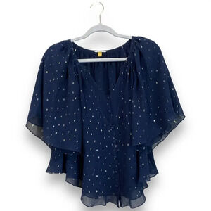 ANTHROPOLOGIE Leifstoddir Blue Silk Blouse Metallic Flowy Feminine Size 6